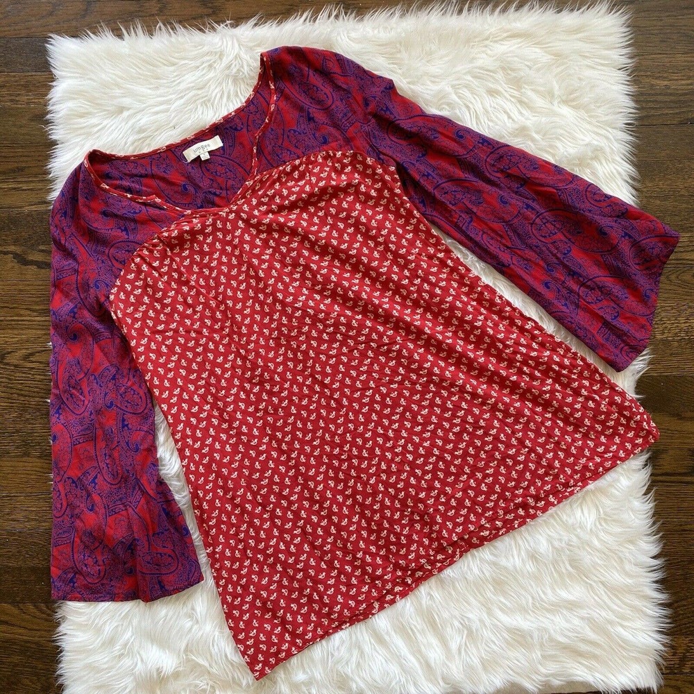 Umgee Tunic Top Size Small Boho 3/4 Sleeve Wide Sleeve Red Blue Blouse